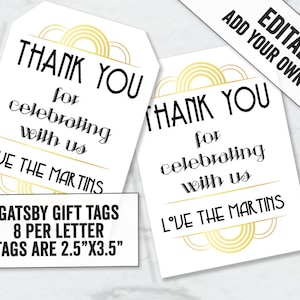 White and Gold Gatsby Favor Tags, Editable Art Deco party tags, Printable 1920s party decor, Twenties themed printable favor tags, GG2