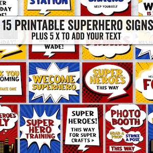 Superhero Printable Party Signs, Editable Super hero Party Signs, Super hero party decor diy, editable fun comic style party downloads, SH1