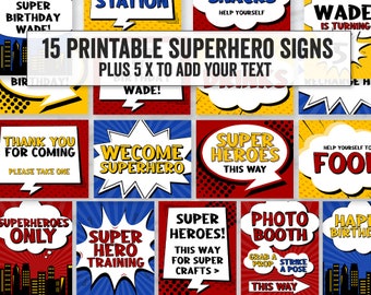 Superhero Printable Party Signs, Editable Super hero Party Signs, Super hero party decor diy, editable fun comic style party downloads, SH1