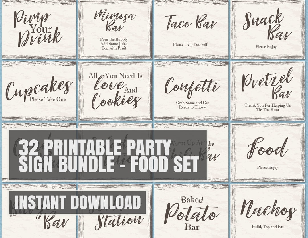 Printable Food Station Bundle, 32 Printable Food Bar, Favor Signs ...
