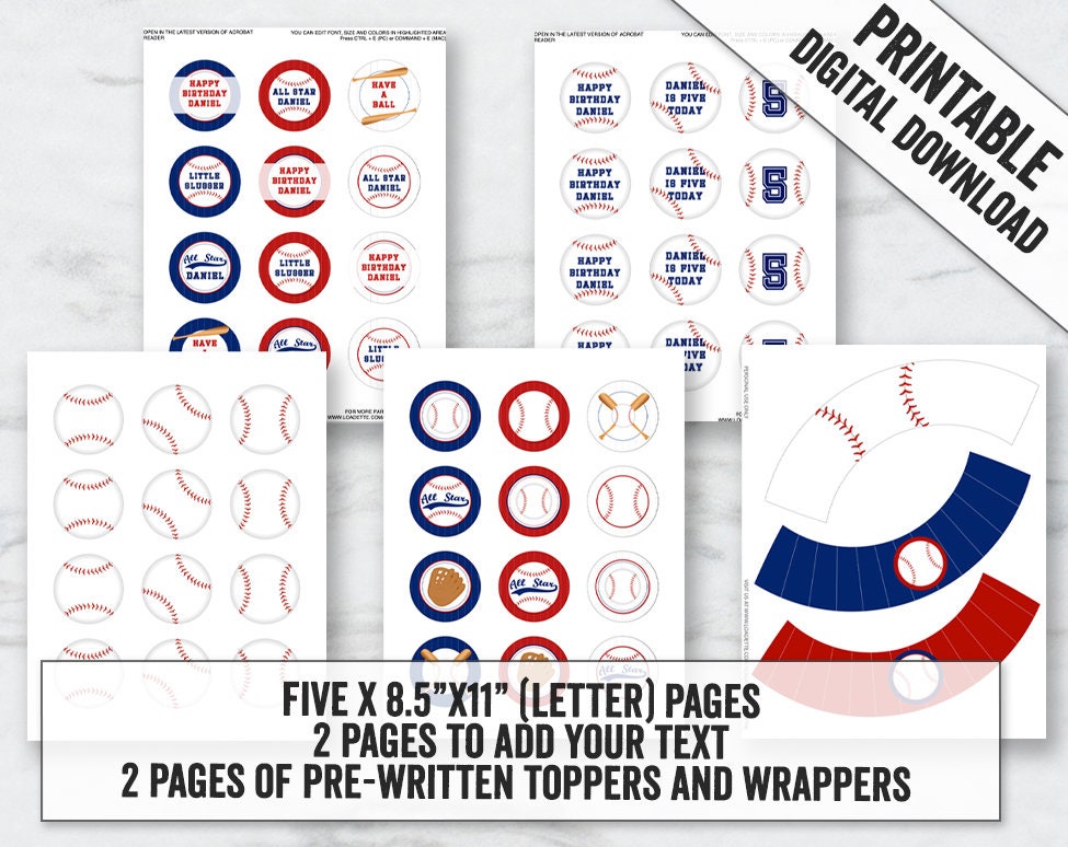 Baseball Cupcake Toppers and Wrapper Printables Editable - Etsy