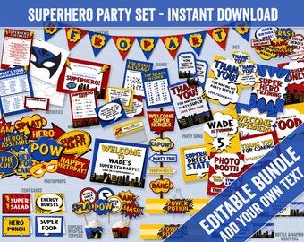 Printable Superhero Party Bundle, Editable Superhero party decor, Printable Comic book boy's superhero party decor, digital party ideas, SH1