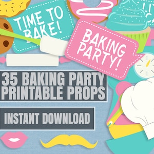 35 Baking Party Photo Booth Props, baking kitchen themed party props, love cooking party photobooth sign, bake party props, instant download