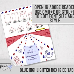 Airplane Paper Plane Template, Editable Plane Card Template, Fun Card ...