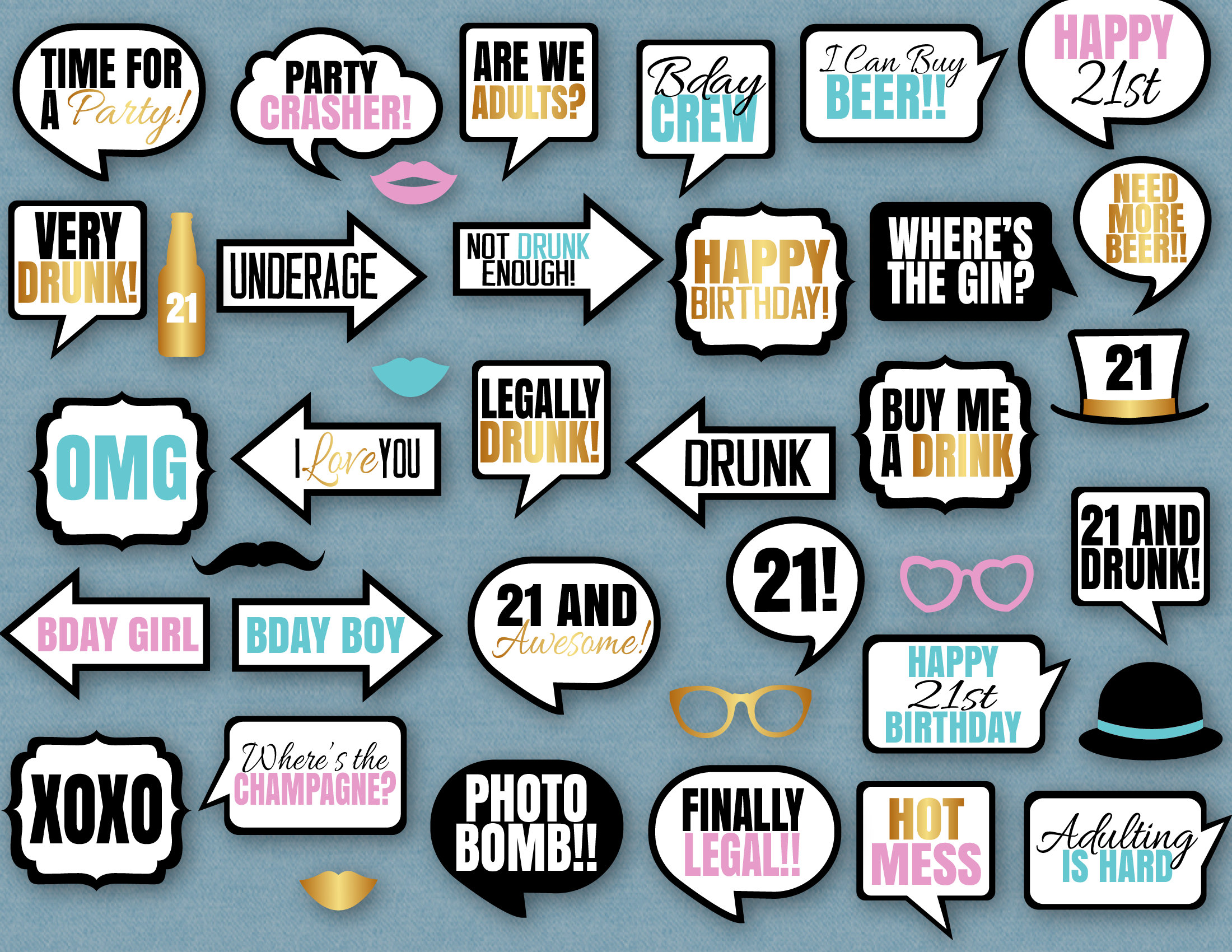 38 Printable 21st Birthday Props Twenty First Photo Booth - Etsy UK
