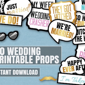 50 Wedding photo booth printable props, Printable photobooth selfies props, fun photobooth selfie props for wedding reception, downloads