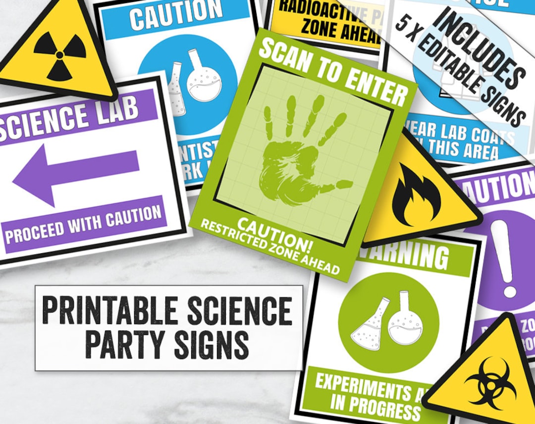 Science Party Signs Printable, Editable Scientist Party Signs, Caution ...