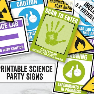 Puede incluir: Señales de fiesta de ciencias imprimibles con una variedad de señales de advertencia y precaución. Las señales presentan una variedad de gráficos de temática científica, incluyendo vasos de precipitados, tubos de ensayo y un símbolo de riesgo biológico. Las señales son editables y se pueden imprimir en casa.