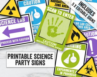 Peut inclure: Ensemble de pancartes de fête sur le thème des sciences imprimables avec une variété de panneaux d'avertissement et de précaution. Les pancartes présentent divers graphismes sur le thème des sciences, notamment des béchers, des tubes à essai et un symbole de risque biologique. Les pancartes sont modifiables et peuvent être imprimées à la maison.