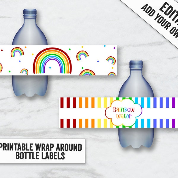 Printable Rainbow Water Bottle Wrap, Editable rainbow party water bottle labels, Colorful party labels, add your text bottle label wrap, RB1