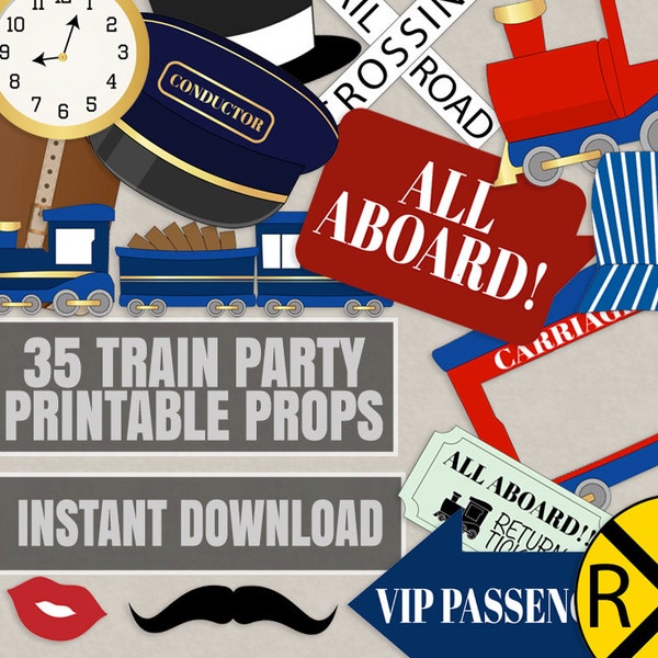 35 Train Party Printable Props, conductor train themed party diy photo booth props, train station photobooth photoprop, instant download TR1