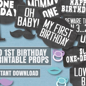 40 1st Birthday Photo Booth Props, Chalkboard style selfie props, props 1st birthday, baby&#39;s first birthday printables, instant download