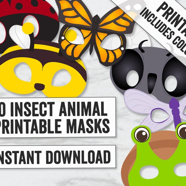 10 Insect Mask Printables, kid's bug masks, printable masks for kids, instant download, Ant, bee, butterfly, color in mask printables