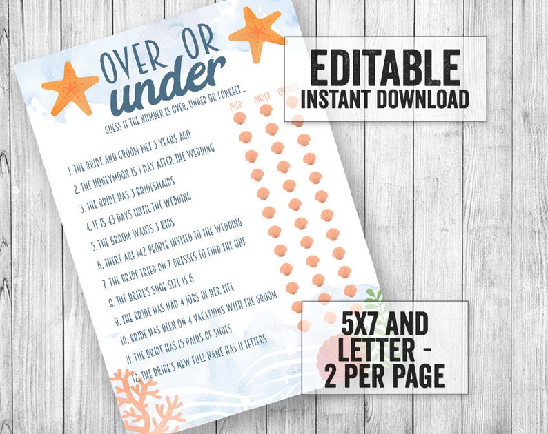 Editable Bridal Shower Beach Themed Games Over or Under Etsy