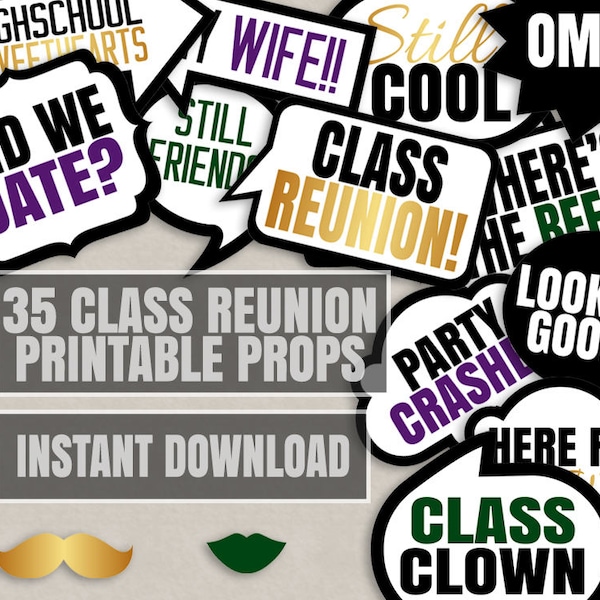 Class Reunion Photo Props, reunion photo booth gold party printable props, class reunion speech bubble photobooth props for school reunion