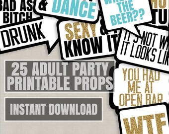 25 Adult Phrases Printable photo booth props, adult party props, instant download photobooth speech bubbles, adult party props, meow, hot