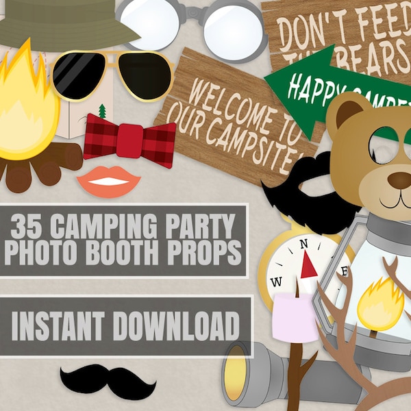 35 Camping Party Photo Booth Props, Campsite themed party props, love glamping party photobooth sign, camper party props, diy camp party