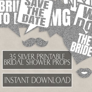 35 Silver Glitter Bridal Shower Prop Printables, Photo Booth party ideas, pdf printables for Bachelorette Party photobooth props