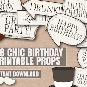 38 Printable Birthday Props, Chic Birthday party props, vintage style photobooth props, bday party photo booth props, party diy birthday