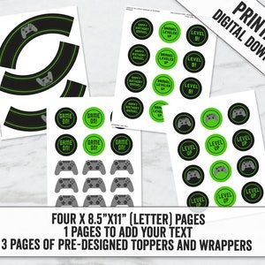 Printable Gaming Party Cupcake Toppers and Wrapper, Editable Gamer ...