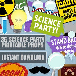 May include: A set of 35 printable science party photo booth props. The props include a light bulb, a test tube, a magnifying glass, a mustache, a boom explosion, a sign that says "Science Party!" and a sign that says "Stand Back We're Doing Science!"