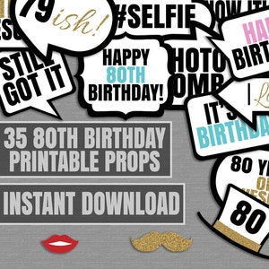 35 80th Birthday Party Printable Props, Photo Booth Props, Eightieth ...