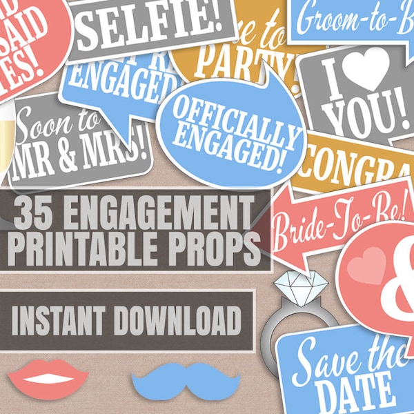 35 Engagement photo props, engagement party photo booth props, engaged selfie props, photobooth selfies, speech bubbles, engagement props