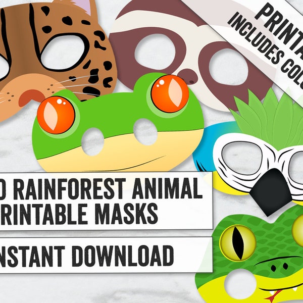 10 Rainforest Mask Printables, Printable jungle rainforest animal masks, kids rainforest craft, jungle masks ideas for kids instant download