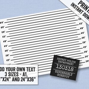 印刷可能な警察ラインパーティーセルフィーフレーム、印刷可能な秘密エージェントパーティーデコレーション、独自のテキストマグショットサインを追加、デジタルダウンロード、SA1