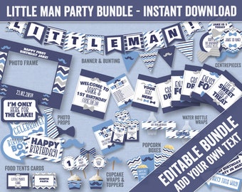 Editable Little Man Party Bundle, Mustache Birthday Party printable pack, Digital little man party set, photo props, editable banner, LM1