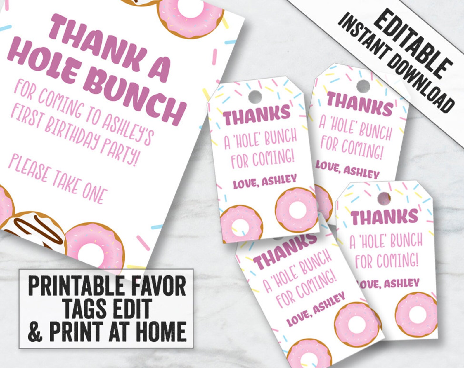 Printable Donut Party Tags Editable Pink Donut Thank You - Etsy