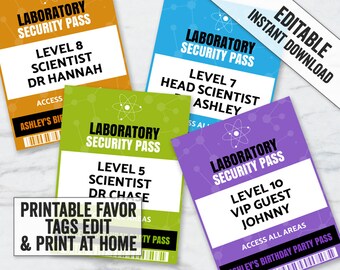 May include: Four printable laboratory security pass tags with different colors and names. The tags feature a cartoon atom and the text "Laboratory Security Pass".