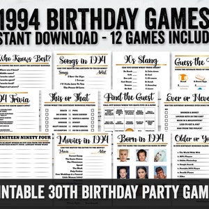 Juegos de fiesta de cumpleaños número 30, juegos imprimibles nacidos en 1994, juego de fiesta de cumpleaños de treinta años, imprimibles de juegos de cumpleaños número 30, juegos de preguntas número 30