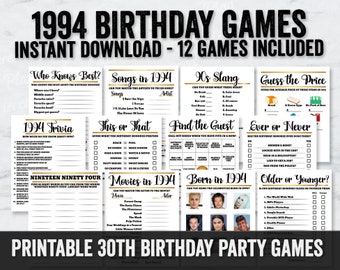 30th Birthday Party Games, Printable Born in 1994 Games, Thirty year old birthday party game, 30th birthday game printables, 30th quiz games