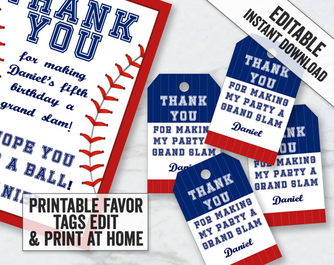 Baseball Favor Tags Digital Download, Editable Baseball Theme Thank You