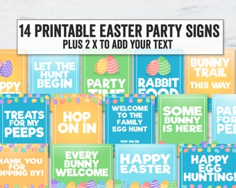 Puede incluir: Un conjunto de 14 carteles de fiesta de Pascua imprimibles con huevos coloridos y texto con temática de conejitos. Los carteles incluyen frases como "Let the Hunt Begin", "Party Time", "Rabbit Food", "Treats for My Peeps", "Hop On In", "Welcome to the Family Egg Hunt", "Some Bunny is Here", "Happy Easter", y "Happy Egg Hunting".