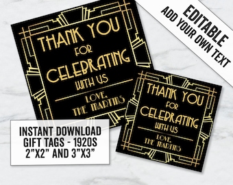 Printable 1920s Gift Tags, Editable Gatsby favour tags, Printable Twenties party gift tags, 1920s style printable party favor tags, GG1