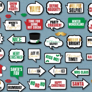 May include: A set of 24 Christmas-themed photo booth props. The props are printed on white cardstock and feature various festive designs, including Santa hats, reindeer antlers, and Christmas trees. The props are perfect for adding a fun and festive touch to your holiday photos.