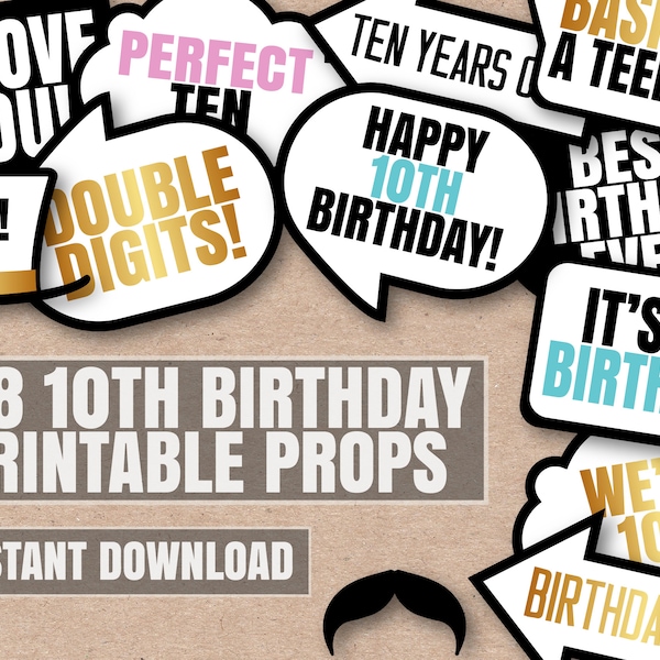 38 10th Birthday photo booth prop printables, Ten Year Old Birthday selfie props, Printable Tenth Birthday digital photobooth cut out props
