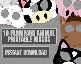 Farm Yard Animal Mask Printables, 10 PDF Printables, kinderboerderij diy ambachten, afdrukbare boerderijdierenmaskers, afdrukbare boerderijdierenideeën