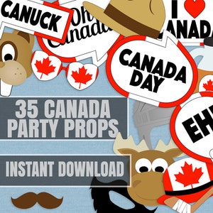 35 Canada Party props, canadian theme party printables, decor for canada day party, canuck photo booth, mountie props, beaver, moose, pdf