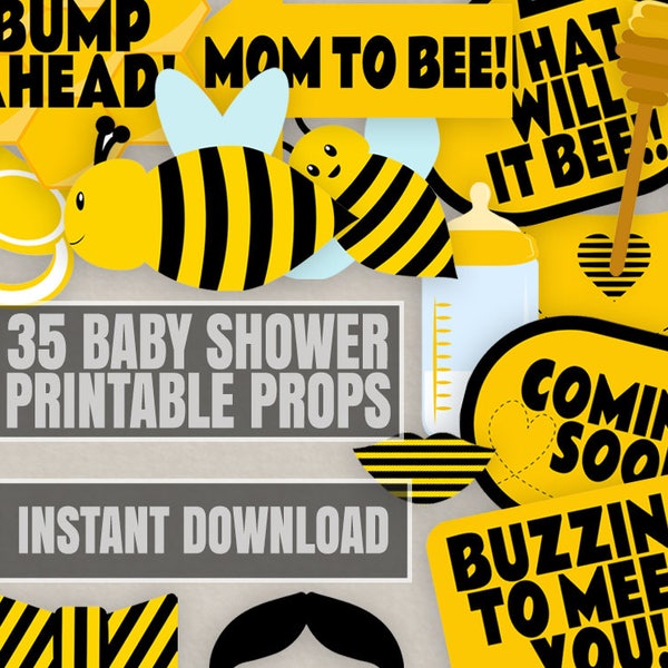 30 Bee Baby Shower Printable Props, Printable bee theme babee prop printables, yellow bee baby shower photobooth props, yellow props pdf