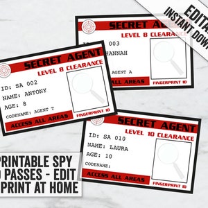 Afdrukbare ID-passen voor geheim agenten, bewerkbare identificatiepassen voor spionnenfeesten, leuke ideeën voor spionnenfeesten, kinderfeestdecor, geheimagentpassen, SA1