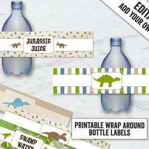 May include: Printable dinosaur-themed water bottle labels with green, blue, and brown stripes. The labels feature dinosaurs and the text "Jurassic Juice", "Swamp Water", and "Editable - Add Your Own Text".