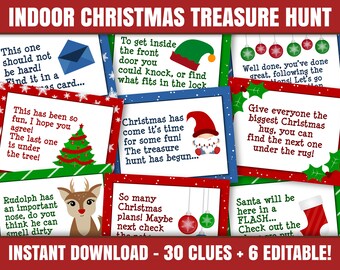 Printable Christmas Treasure Hunt, Indoor Christmas hunt ideas, Printable christmas treasure hunt diy, 30 Christmas scavenger hunts clues