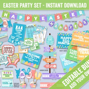 May include: Printable Easter party decorations in a bright color scheme with bunny ears, eggs, and the text "Happy Easter". The set includes tags, photo props, tent cards, cupcake toppers, and arrow decorations. The text is editable.