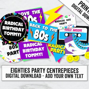 Può includere: Decorazioni per feste degli anni '80 stampabili con un tema retrò. Le decorazioni includono una cassetta, pattini a rotelle e cerchi con testo come "Radical Birthday Tommy!" e "Back to the 80s".