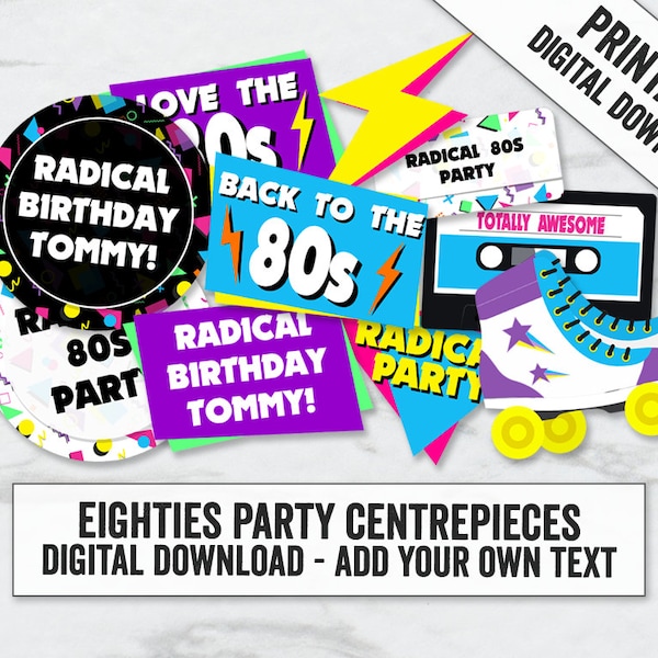 Printable Eighties Party Decor, 80s Themed Printable Centerpieces, 80s Centrepiece digital downloads, Eighties retro diy party decor ET1