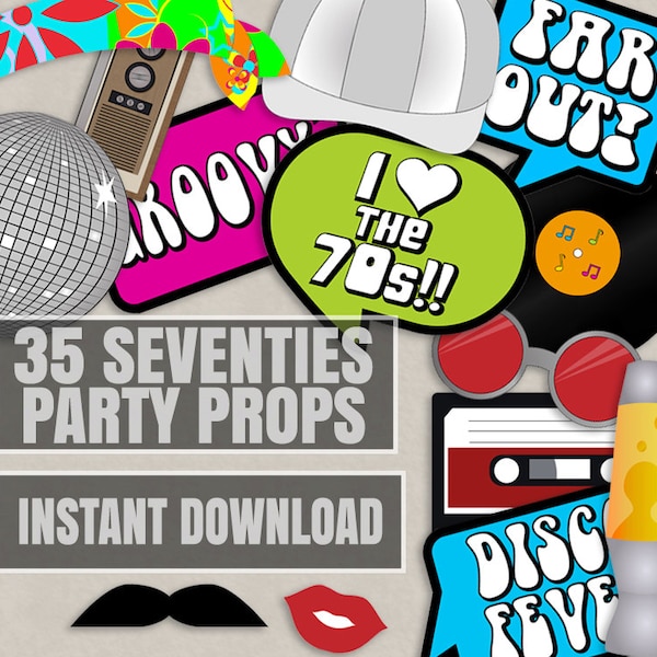 35 Seventies Printable Party Photo Booth Props, 70s photo props, I love 70s, groovy photobooth props, 1970s party props, instant download