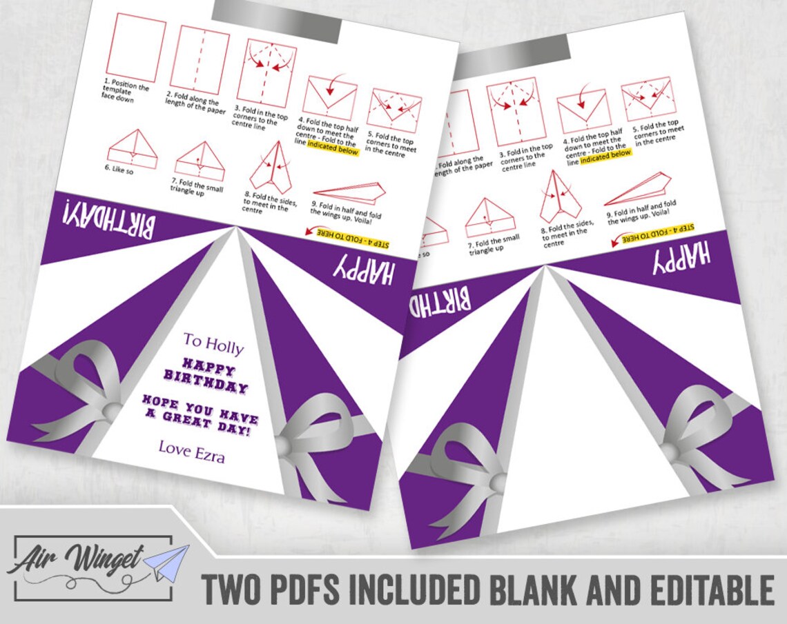Printable Birthday Card Template Paper Airplane Template - Etsy